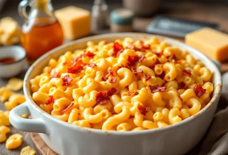 Macaroni au fromage ultra crémeux, cheddar fort, bacon et sirop d'érable Macaroni au fromage ultra crémeux, cheddar fort, bacon et sirop d'érable